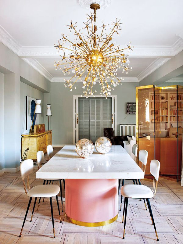 Living-Pink-Madrid-apt-vintage-femme-elegance-glam-dining-room-table-by-Patricia-Bustos-brass-flower-chandlier